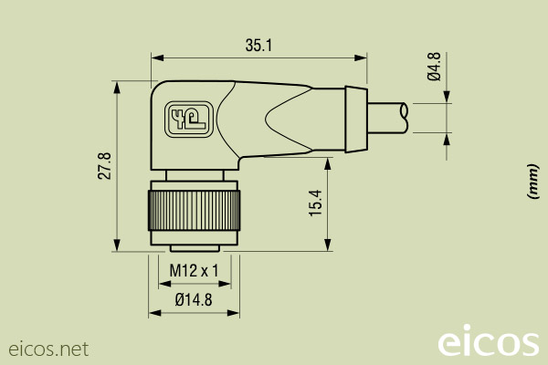 Dimensions of the 90° M12 female connector with 2 meters cable