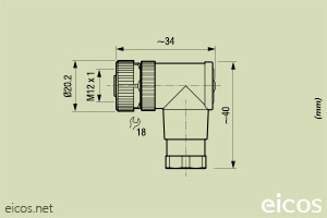 Click to enlarge the image of Dimensions of the 90° M12 female connector Dimensions of the 90° M12 female connector