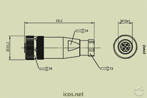 Click to enlarge the image of Dimensions of the M12 female Connector without cable Dimensions of the M12 female Connector without cable