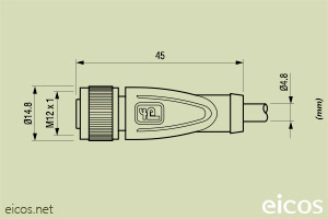 Click to enlarge the image of Dimensions of the straight M12 female connector with 5 meters cable Dimensions of the straight M12 female connector with 5 meters cable