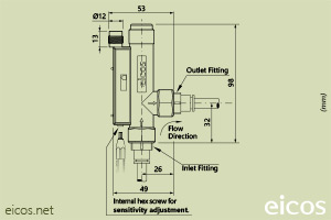 Click to enlarge the image of Dimensions of Eicos flow switch FA14B06-M12 Dimensions of Eicos flow switch FA14B06-M12