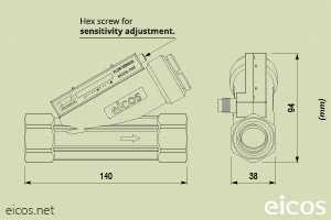 Click to enlarge the image of Dimensions of Eicos flow switch FC34B04-M12 Dimensions of Eicos flow switch FC34B04-M12
