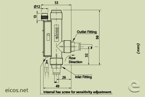 Click to enlarge the image of Dimensions of Eicos flow switch FE14B04-M12 Dimensions of Eicos flow switch FE14B04-M12