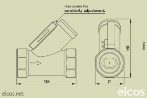 Click to enlarge the image of Dimensions of Eicos flow switch FG20B04 Dimensions of Eicos flow switch FG20B04