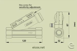 Click to enlarge the image of Dimensions of Eicos flow switch FH12B02-M12 Dimensions of Eicos flow switch FH12B02-M12