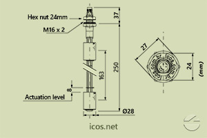 Click to enlarge the image of Dimensions of the level switch LE252-1-M12 Dimensions of the level switch LE252-1-M12