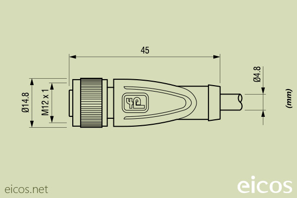 Dimensions of the straight M12 female connector with 5 meters cable